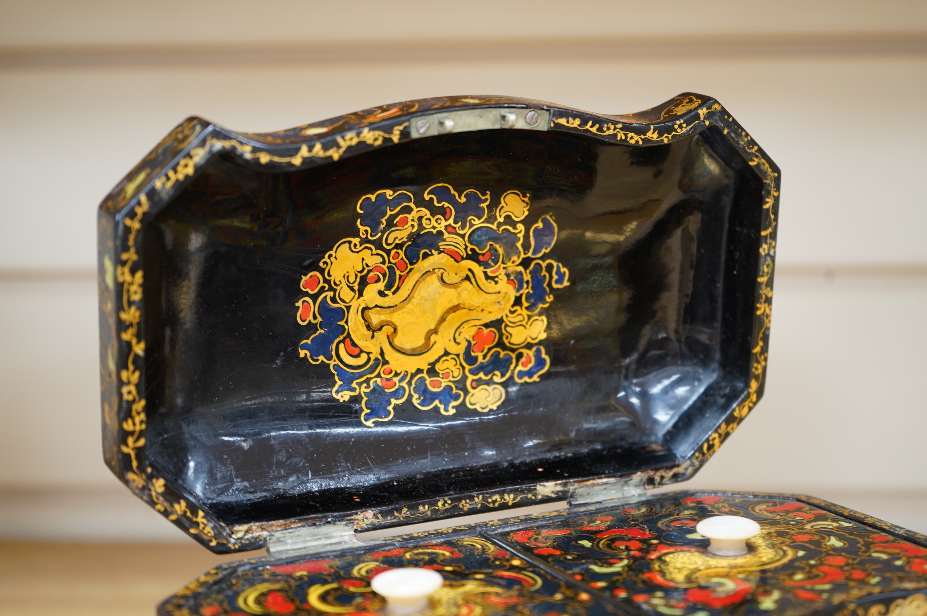 A Victorian Jennens & Bettridge papier mache tea caddy, stamped mark, 20cm wide. CITES Submission reference MB3GJPPY. Condition - fair to good (repaired hinge area)